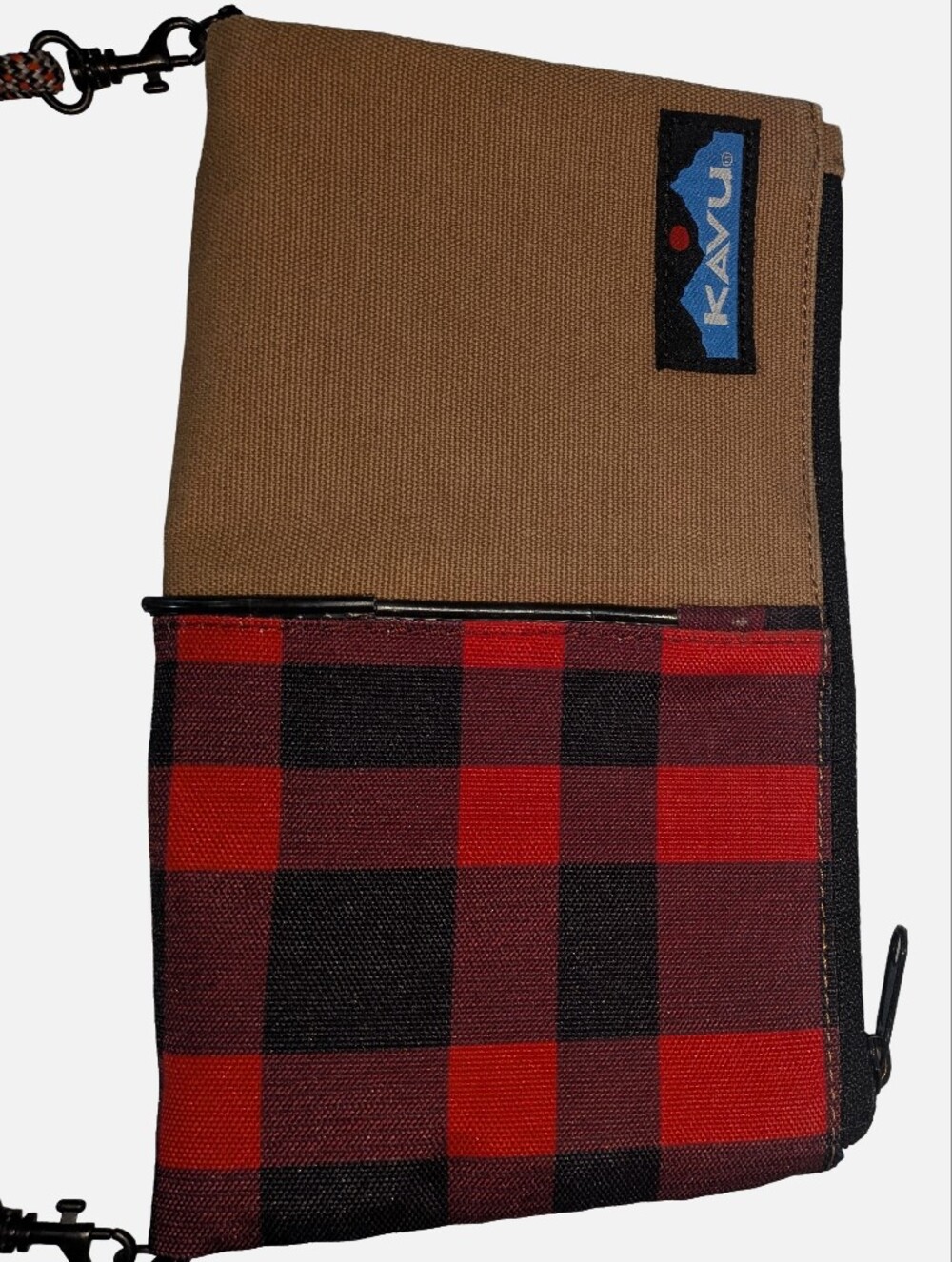 KAVU Crossbody Wallet Bag - Red Buffalo Plaid & Brown Canvas